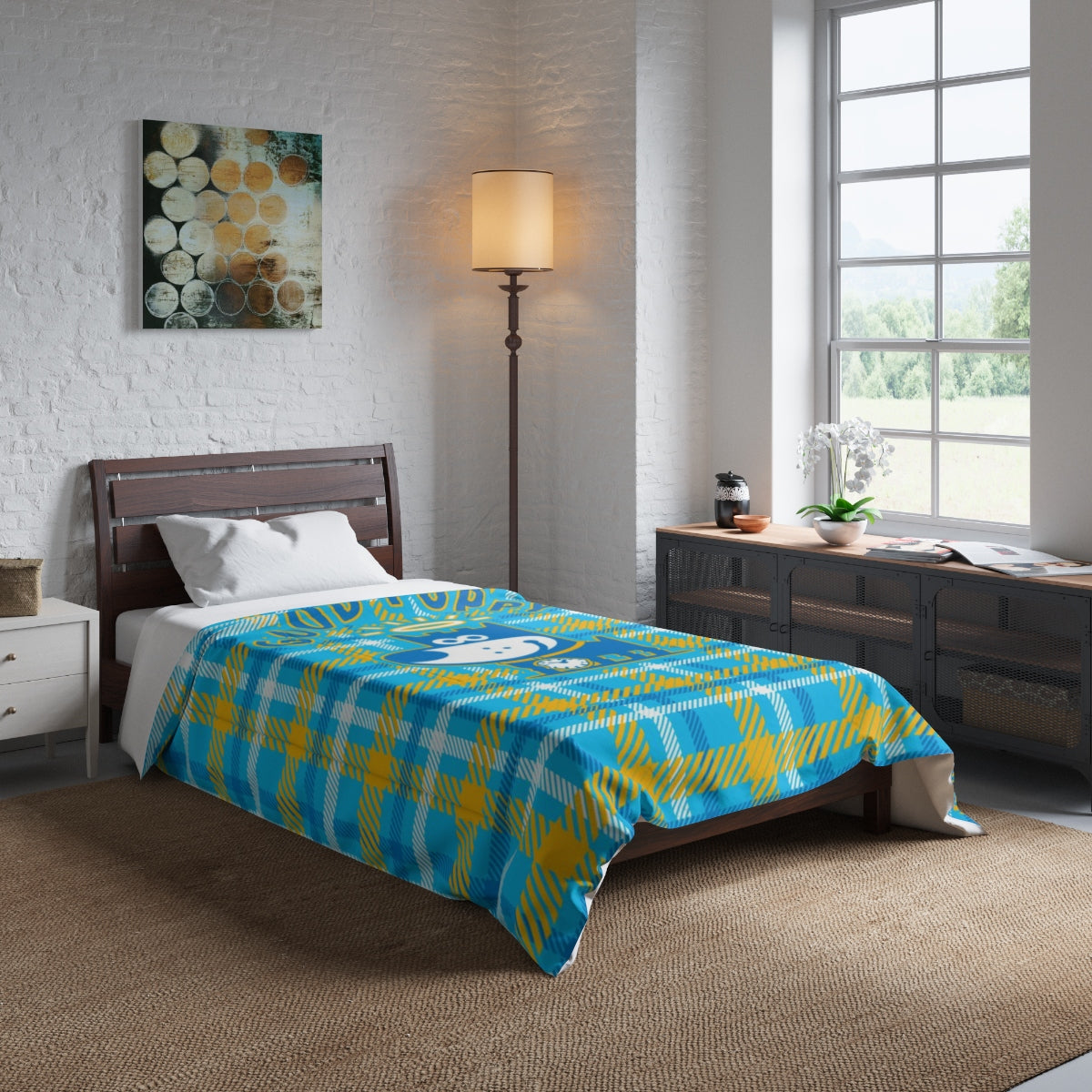 Good Puppy Plaid I Orange . Comforter . Small