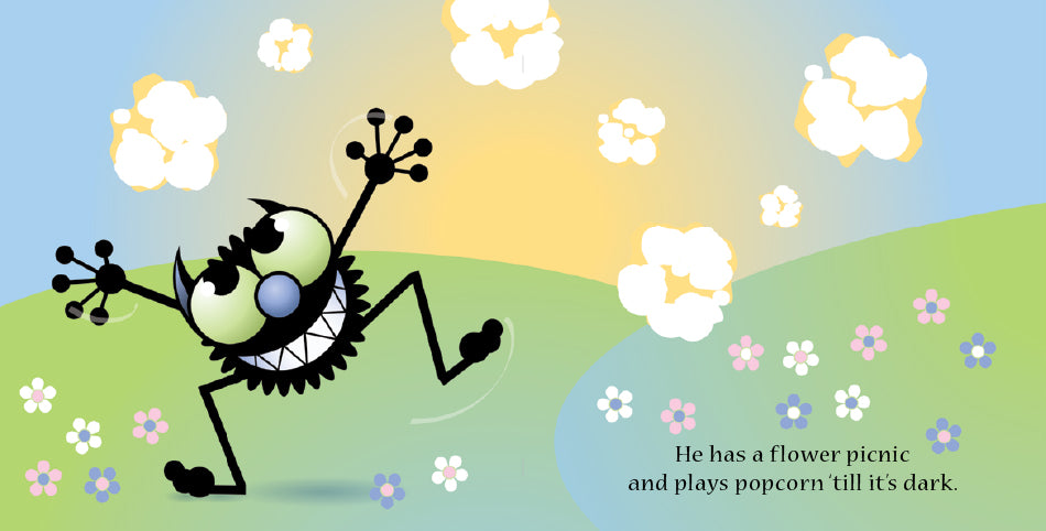 The image shows a friendly monster joyfully playing in a grassy field with colorful flowers and floating popcorn. The background features a sunny sky transitioning to evening. The text reads, "He has a flower picnic and plays popcorn ‘till it’s dark." The scene is playful and light-hearted, depicting the monster's fun activities in the park.