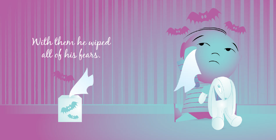 The image shows a cartoon baby named Leo holding a stuffed rabbit and wiping his face with a tissue. A tissue box with bat illustrations is nearby. The text reads "With them he wiped all of his fears." The background features purple and blue striped wallpaper and bats on the wall, symbolizing fears being wiped away. The colors create a calming atmosphere.