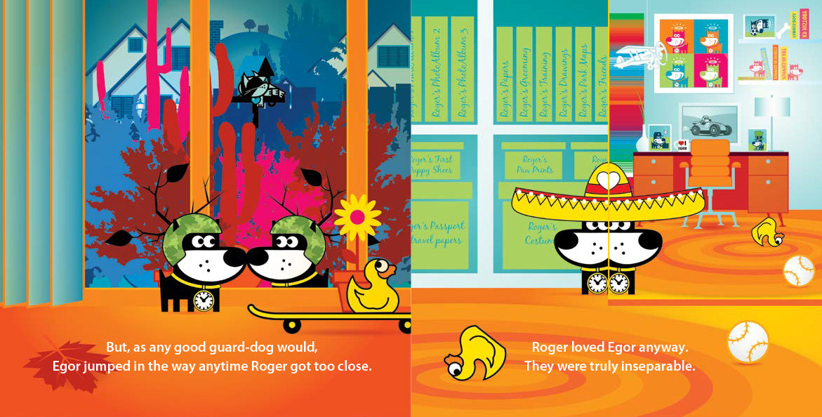 The image shows cartoon dog Roger and his reflection Egor in different settings. On the left, they are outdoors with autumn leaves, captioned, "But, as any good guard-dog would, Egor jumped in the way anytime Roger got too close." On the right, they are indoors with Roger wearing a sombrero, captioned, "Roger loved Egor anyway. They were truly inseparable." The background alternates between colorful outdoor and indoor scenes.