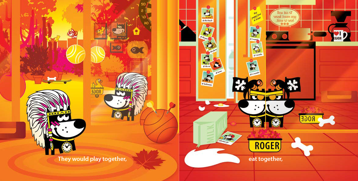 The image shows cartoon dog Roger and his reflection Egor. On the left, they are playing outdoors, with Roger dressed in a Native American headdress, captioned, "They would play together." On the right, they are in a kitchen, with Roger and Egor wearing helmets, captioned, "eat together." The background alternates between a bright outdoor scene and a red kitchen with various playful details.