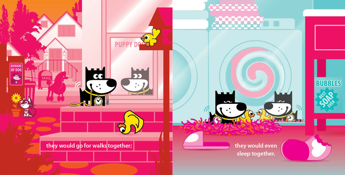 The image shows cartoon dog Roger and his reflection Egor. On the left, they are outside, walking together, captioned, "they would go for walks together." On the right, they are inside a laundry room, sleeping in a pile of clothes, captioned, "they would even sleep together." The background alternates between bright outdoor and indoor scenes, with vibrant pink, orange, and blue hues.