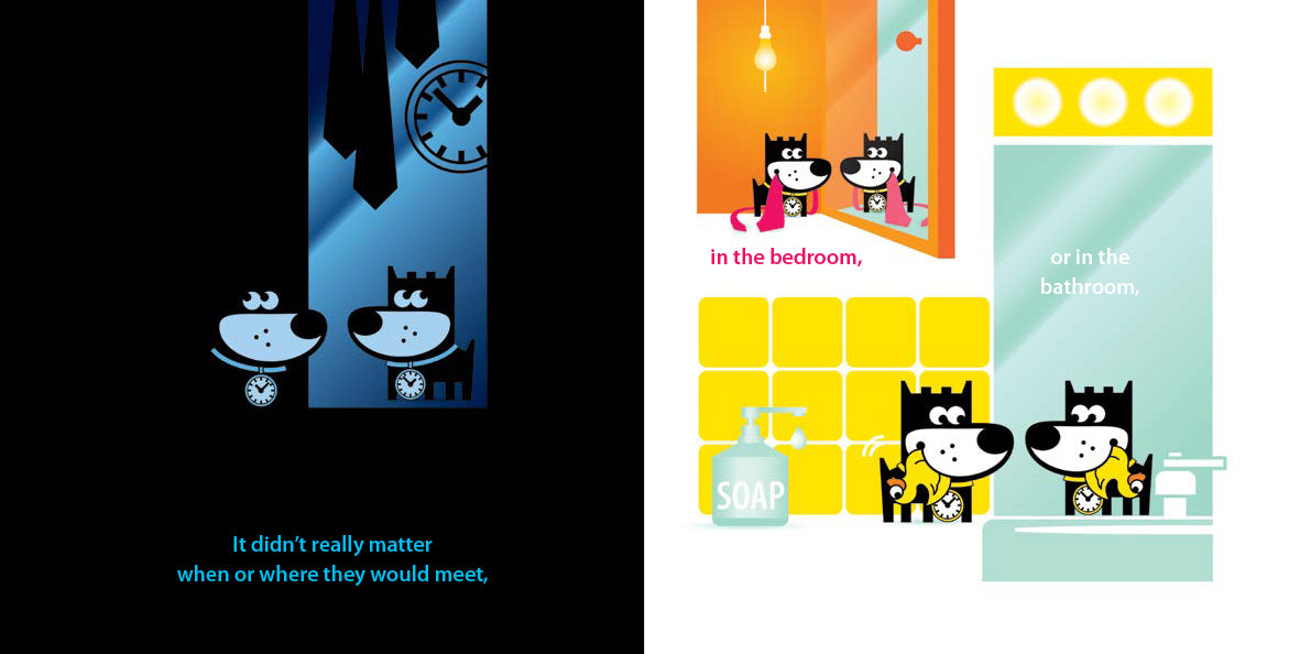 The image shows cartoon dog Roger and his reflection Egor meeting in various settings. On the left, they are depicted in a dark room with clocks and ties, captioned, "It didn’t really matter when or where they would meet." On the right, they are seen together in bright settings: "in the bedroom" and "in the bathroom," with mirrors and bright colors. The background alternates between black and bright colors.