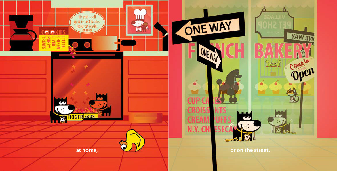 The image shows cartoon dog Roger and his reflection Egor in two settings. On the left, they are in a red kitchen with a sign saying, "To eat well, you must know how to wait," captioned "at home." On the right, they are outside a bakery with "one way" signs, captioned "or on the street." The background is bright and colorful.