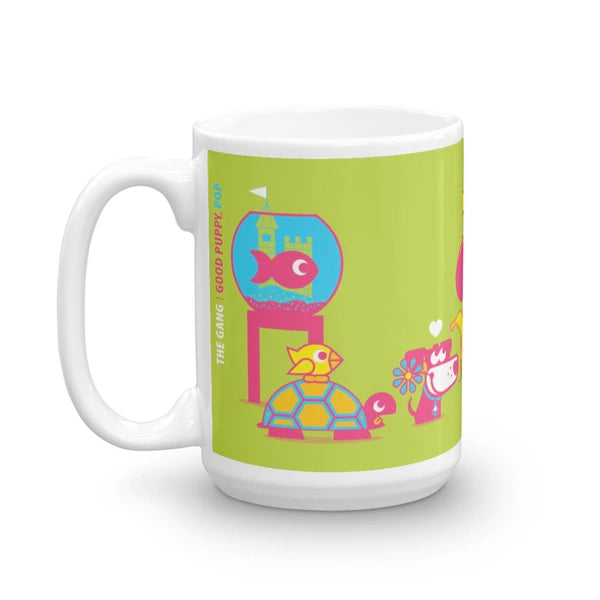 The Good Puppy Gang Children's Ceramic Mug Green and Hot Pink