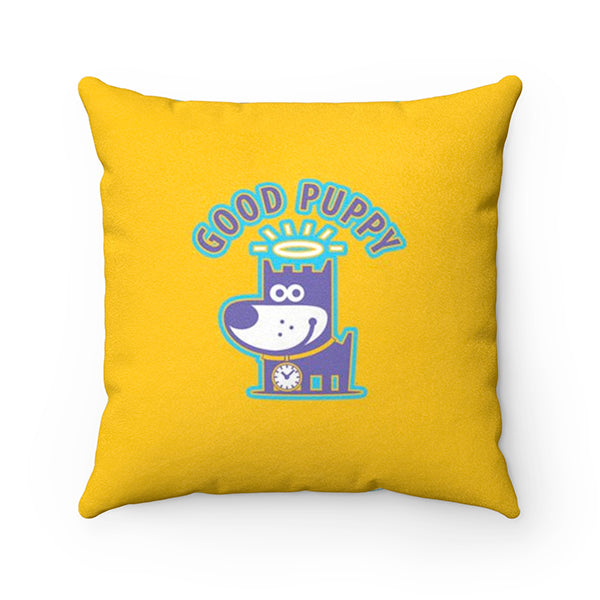 Good Puppy Plaid Orange Faux Suede Square Pillow