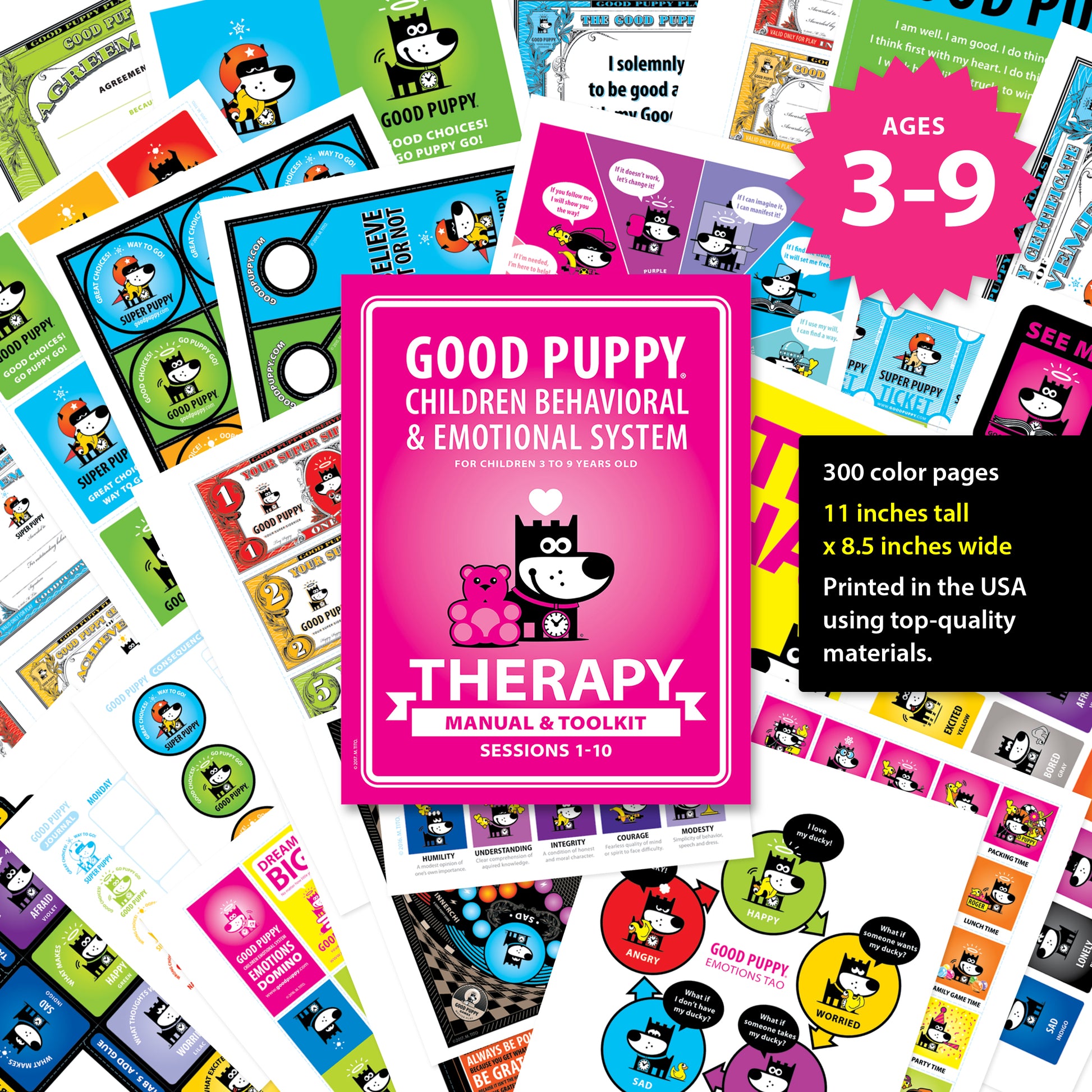 The image showcases the "Good Puppy Children Behavioral & Emotional System" Therapy Manual & Toolkit. The cover is bright pink with a cartoon dog and teddy bear. The surrounding background shows various colorful pages and tools included in the kit. The manual is designed for children aged 3 to 9 years old, consisting of 300 color pages, measuring 11 inches tall by 8.5 inches wide, and printed in the USA using top-quality materials.