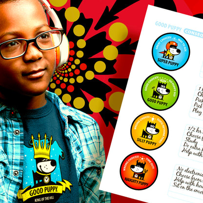 The image shows a young child wearing glasses and headphones, with a "Good Puppy King of the Hill" shirt. To the right is part of the Good Puppy clip chart system, displaying the Super Puppy (blue), Good Puppy (green), Silly Puppy (yellow), and Naughty Puppy (red) levels. The background is vibrant with red and yellow patterns. The system helps children manage behavior through visual and empathetic cues.