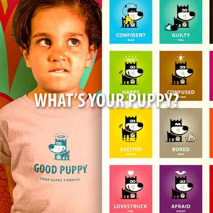 The image shows a young child wearing a "Good Puppy" shirt with a thoughtful expression. Next to the child is a chart displaying various emotions represented by the Good Puppy character: Confident (blue), Guilty (teal), Happy (green), Confused (brown), Excited (yellow), Bored (gray), Lovestruck (pink), and Afraid (violet). Each emotion is illustrated with a corresponding color and Good Puppy image, part of the Good Puppy Children Behavioral & Emotional System.