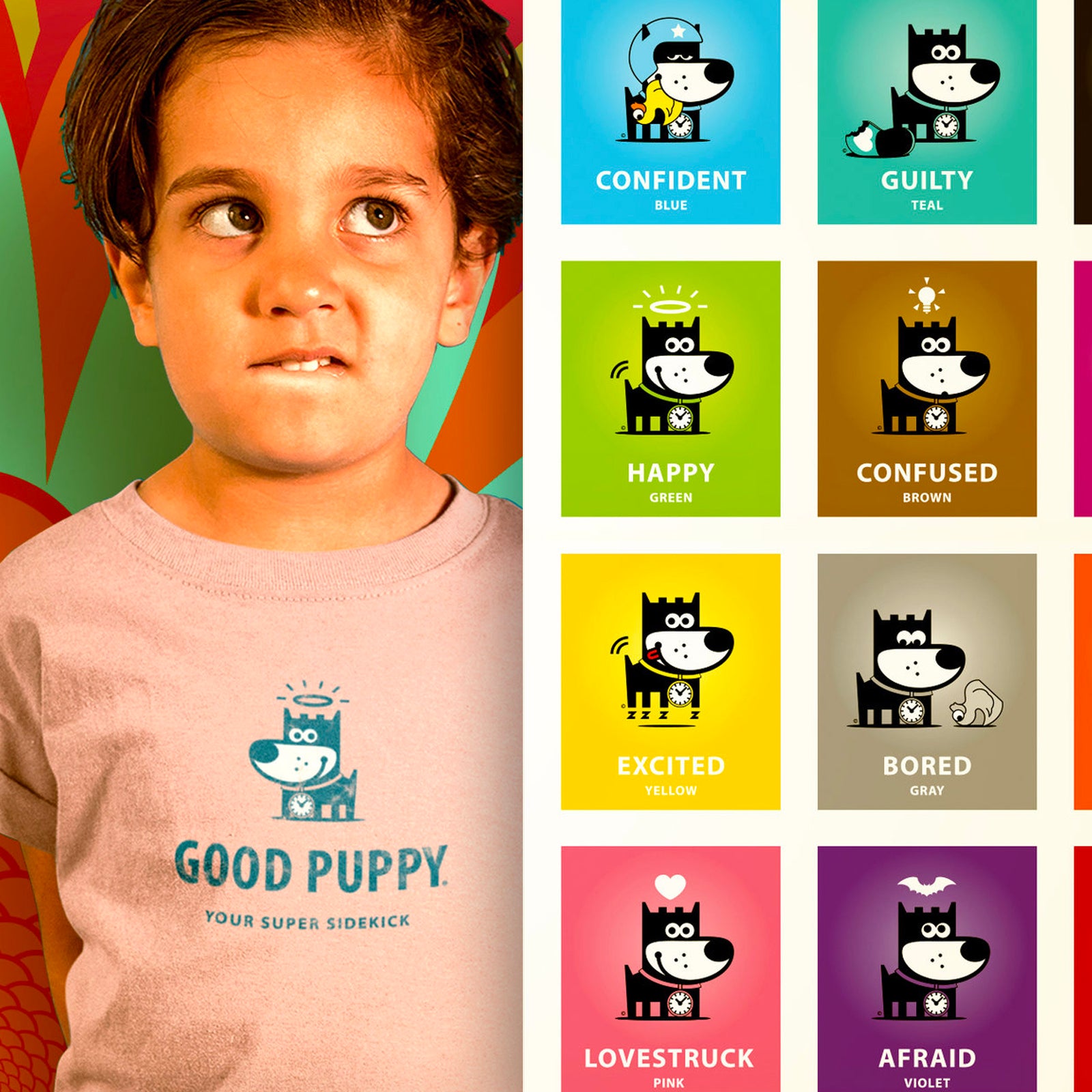 The image shows a young child wearing a "Good Puppy" shirt with a thoughtful expression. Next to the child is a chart displaying various emotions represented by the Good Puppy character: Confident (blue), Guilty (teal), Happy (green), Confused (brown), Excited (yellow), Bored (gray), Lovestruck (pink), and Afraid (violet). Each emotion is illustrated with a corresponding color and Good Puppy image, part of the Good Puppy Children Behavioral & Emotional System.