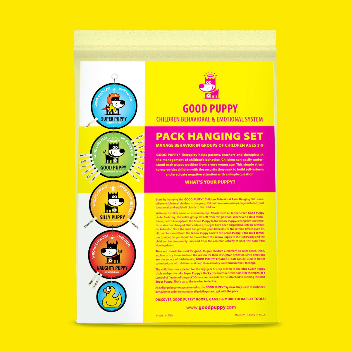 The image shows a package for the "Good Puppy Children Behavioral & Emotional System Pack Hanging Set" designed to manage behavior in groups of children aged 3-9. The package includes a clip chart with four levels: Super Puppy (blue), Good Puppy (green), Silly Puppy (yellow), and Naughty Puppy (red). The system helps parents, teachers, and therapists by providing a visual and straightforward method for children to understand behavior management and improve self-esteem.