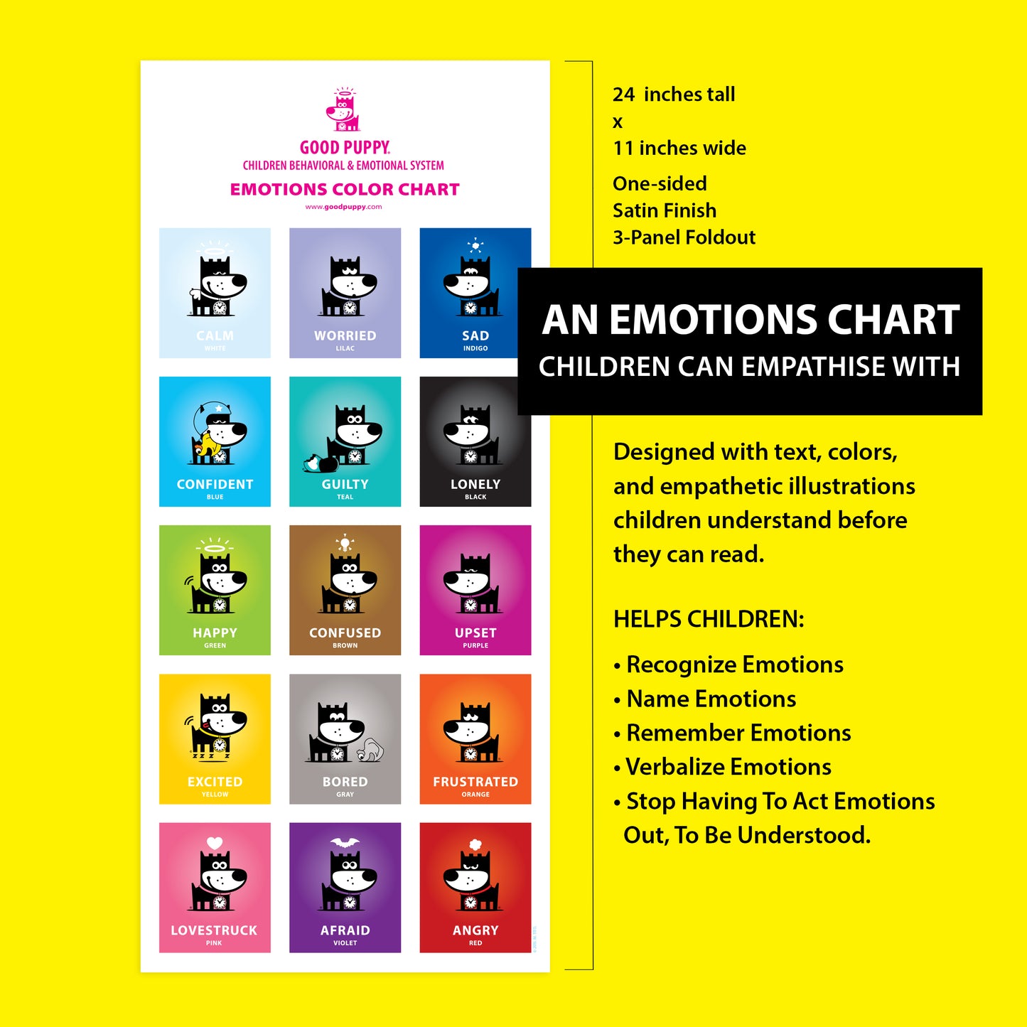 The image displays the "Good Puppy Emotions Color Chart," measuring 24 inches tall by 11 inches wide. It features colorful illustrations representing various emotions like calm, worried, sad, confident, guilty, lonely, happy, confused, and more. Designed with text, colors, and empathetic illustrations, it helps children recognize, name, remember, and verbalize emotions. The chart aids children in understanding and expressing their feelings without acting them out.