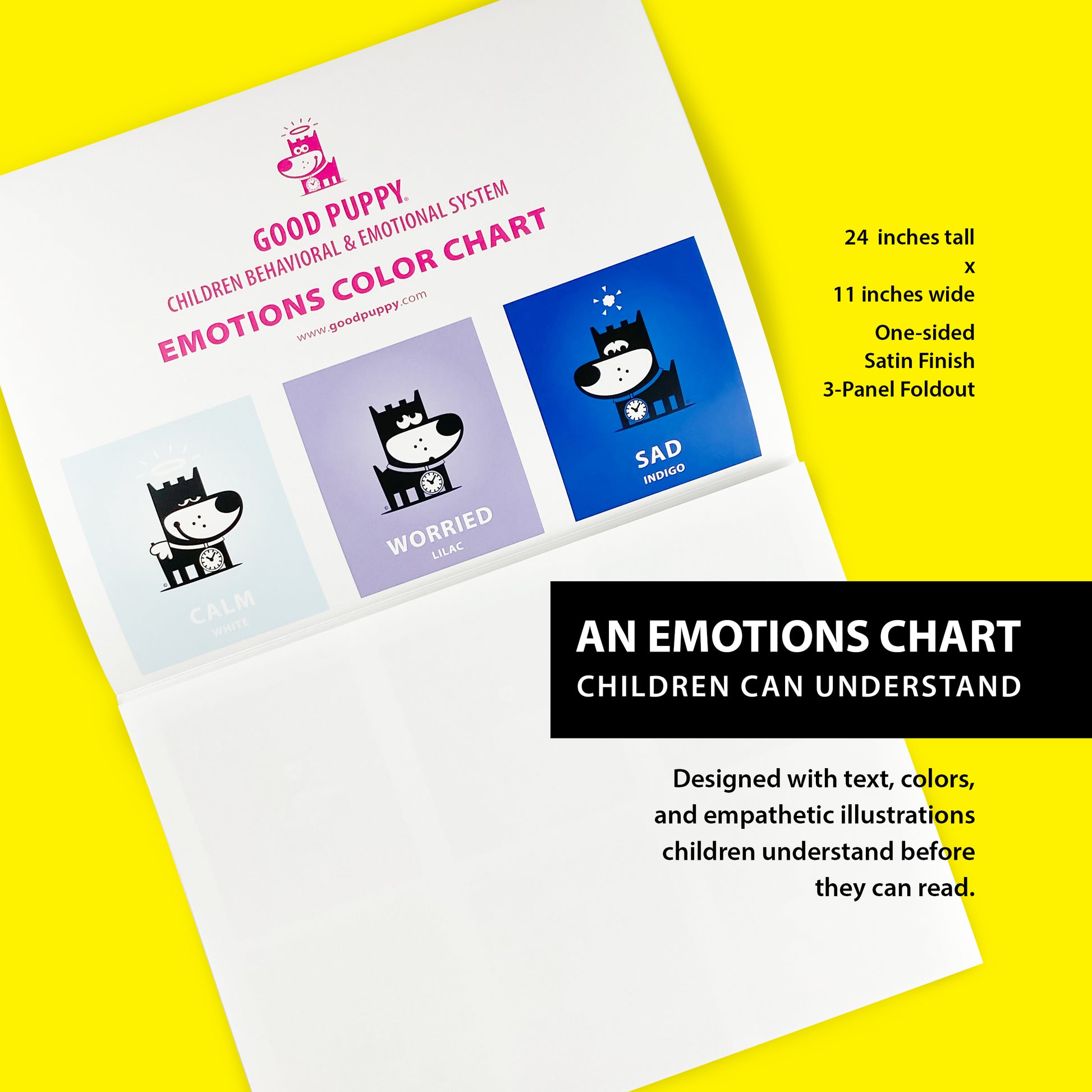 The image shows the Good Puppy Emotions Color Chart, which is 24 inches tall by 11 inches wide, with a one-sided satin finish and a 3-panel foldout. The chart features illustrations of the Good Puppy character representing different emotions: Calm (white), Worried (lilac), and Sad (indigo). It is designed with text, colors, and empathetic illustrations to help children understand emotions before they can read.