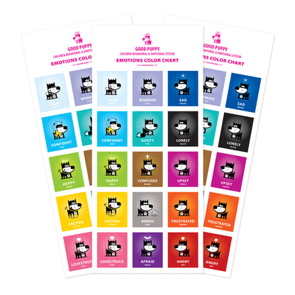 The image displays three copies of the Good Puppy Emotions Color Chart. Each chart features illustrations of the Good Puppy character representing different emotions, such as Calm (white), Worried (lilac), Sad (indigo), Confident (blue), Guilty (teal), Lonely (black), Happy (green), Confused (brown), Upset (purple), Excited (yellow), Bored (gray), Frustrated (orange), Lovestruck (pink), Afraid (violet), and Angry (red). The charts are designed to help children recognize and understand their emotions.