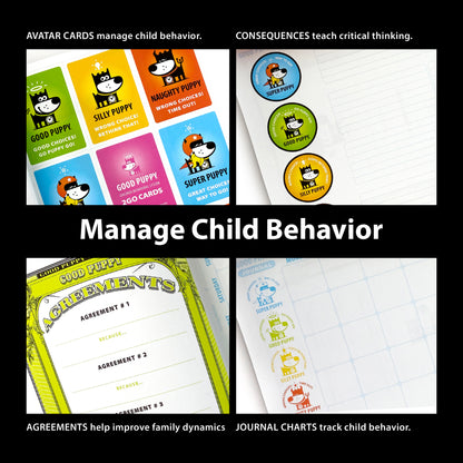 The image promotes the "Good Puppy Children Behavioral & Emotional System" with the slogan "Manage Child Behavior." It features four sections: Avatar Cards to manage behavior, Consequences to teach critical thinking, Agreements to improve family dynamics, and Journal Charts to track behavior. Each section includes colorful illustrations of the Good Puppy character and various tools. The top text reads, "AVATAR CARDS manage child behavior. CONSEQUENCES teach critical thinking."