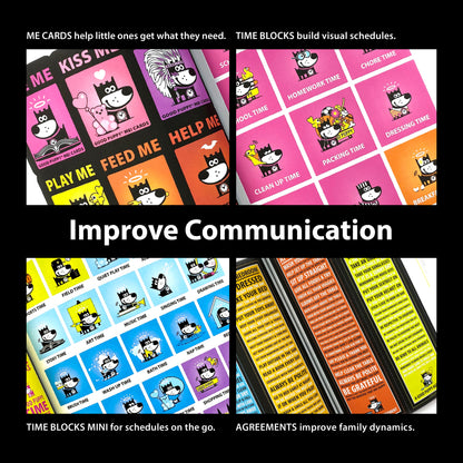 The image promotes the "Good Puppy Children Behavioral & Emotional System" with the slogan "Improve Communication." It has four sections: ME Cards to help children express needs, Time Blocks for visual schedules, Time Blocks Mini for portable schedules, and Agreements to enhance family dynamics. Each section displays colorful cards with the Good Puppy character. The top text reads, "ME CARDS help little ones get what they need. TIME BLOCKS build visual schedules."