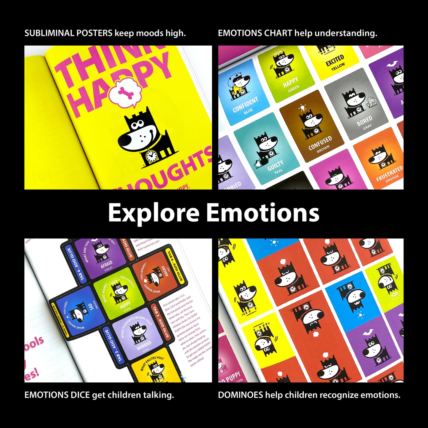 The image promotes the "Good Puppy Children Behavioral & Emotional System" with the slogan "Explore Emotions." It includes four sections: Subliminal Posters to maintain positive moods, an Emotions Chart for understanding feelings, Emotions Dice to encourage conversation, and Dominoes to help children recognize emotions. Each section features colorful illustrations of the Good Puppy character. The top text reads, "SUBLIMINAL POSTERS keep moods high. EMOTIONS CHART help understanding."