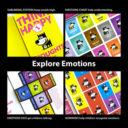 The image promotes the "Good Puppy Children Behavioral & Emotional System" with the slogan "Explore Emotions." It includes four sections: Subliminal Posters to maintain positive moods, an Emotions Chart for understanding feelings, Emotions Dice to encourage conversation, and Dominoes to help children recognize emotions. Each section features colorful illustrations of the Good Puppy character. The top text reads, "SUBLIMINAL POSTERS keep moods high. EMOTIONS CHART help understanding."