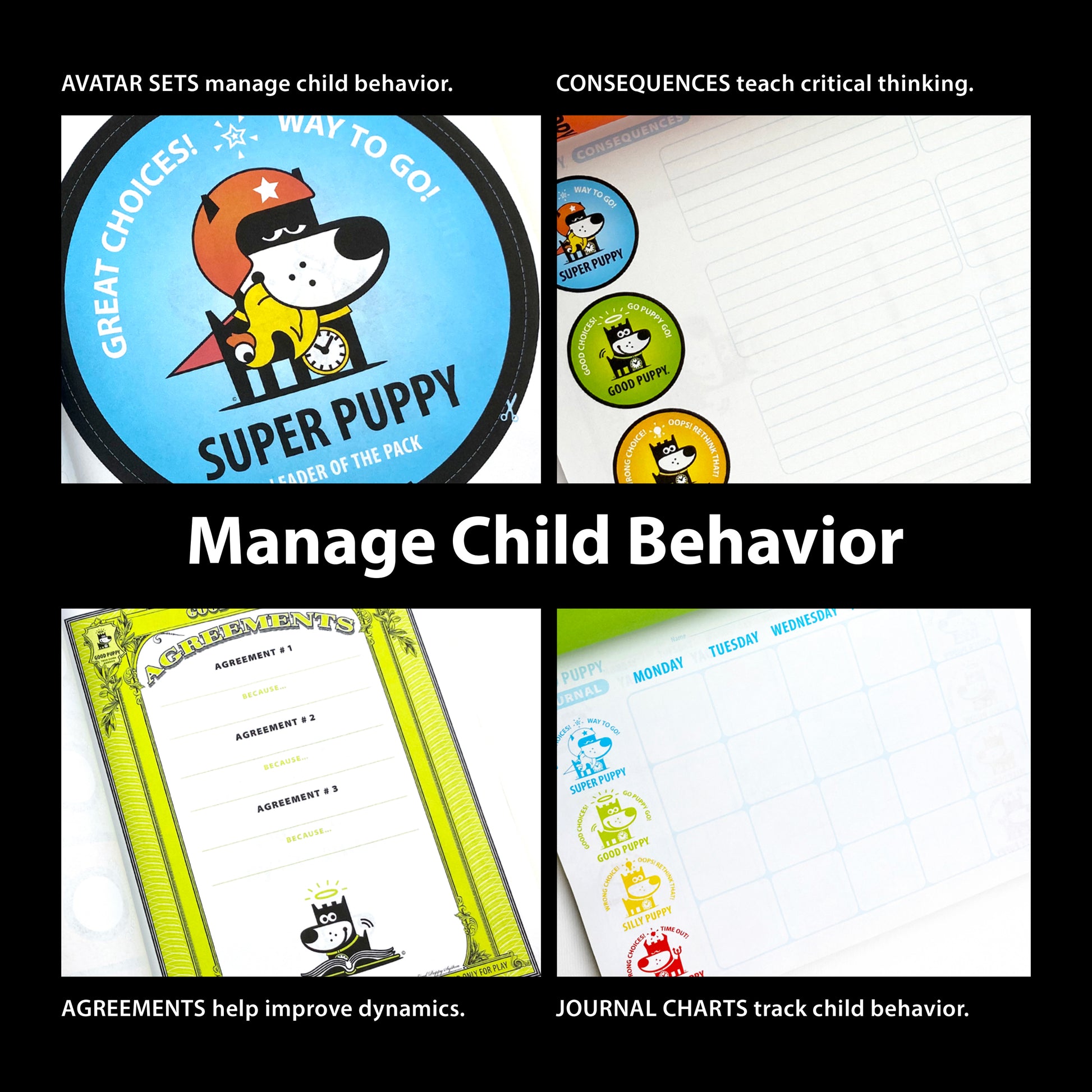 The image promotes the "Good Puppy Children Behavioral & Emotional System" with the slogan "Manage Child Behavior." It features four sections: Avatar Cards to manage behavior, Consequences to teach critical thinking, Agreements to improve family dynamics, and Journal Charts to track behavior. Each section includes colorful illustrations of the Good Puppy character and various tools. The top text reads, "AVATAR CARDS manage child behavior. CONSEQUENCES teach critical thinking."