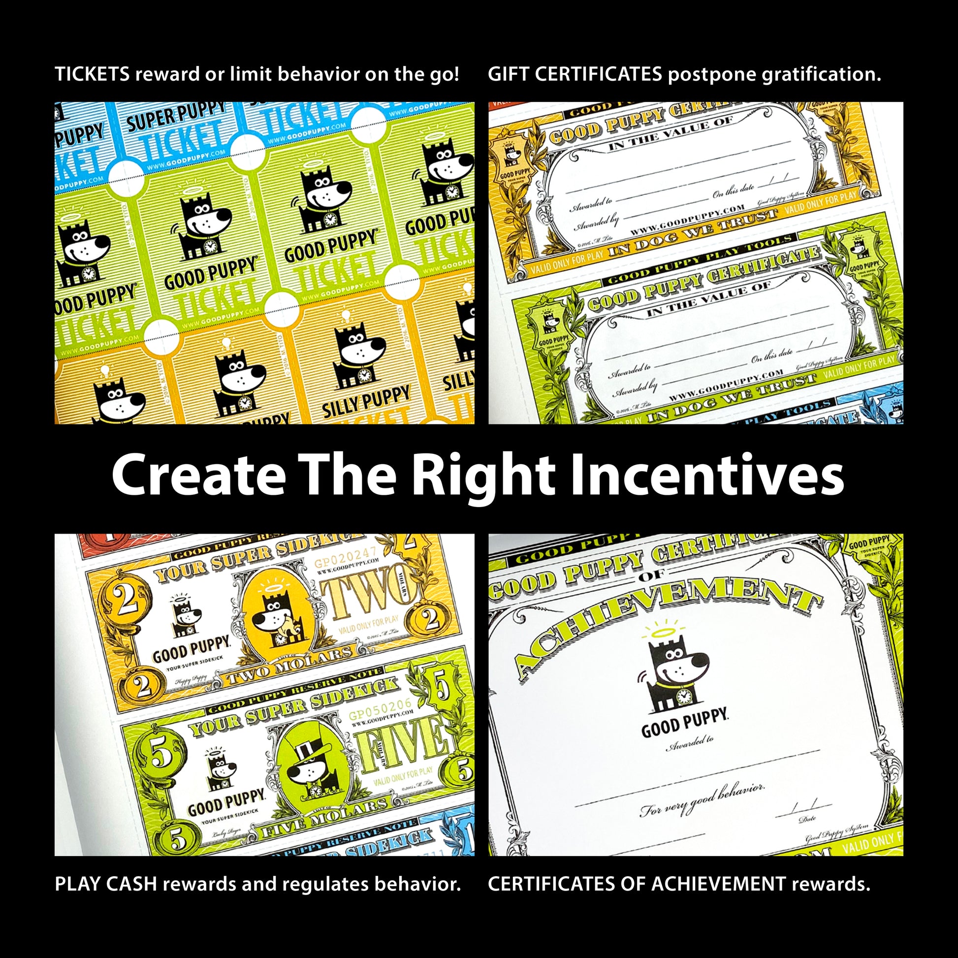 The image promotes the "Good Puppy Children Behavioral & Emotional System" with the slogan "Create The Right Incentives." It features four sections: Tickets for immediate behavior management, Gift Certificates for delayed gratification, Play Cash for behavior regulation, and Certificates of Achievement for rewarding good behavior. Each section showcases colorful illustrations of tickets, certificates, and play money with the Good Puppy character.