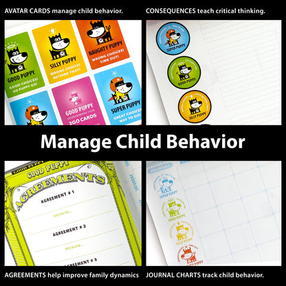 The image promotes the "Good Puppy Children Behavioral & Emotional System" with the slogan "Manage Child Behavior." It features four sections: Avatar Cards to manage behavior, Consequences to teach critical thinking, Agreements to improve family dynamics, and Journal Charts to track behavior. Each section includes colorful illustrations of the Good Puppy character and various tools. The top text reads, "AVATAR CARDS manage child behavior. CONSEQUENCES teach critical thinking."