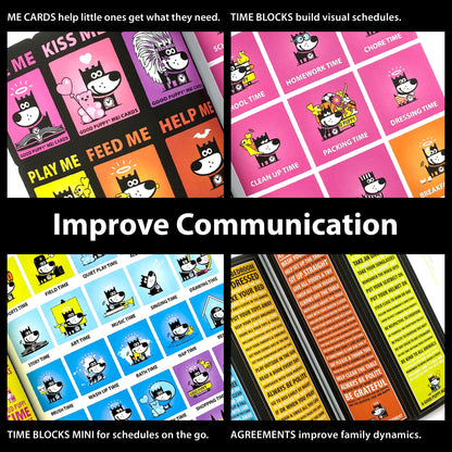 The image promotes the "Good Puppy Children Behavioral & Emotional System" with the slogan "Improve Communication." It features four sections: ME Cards for children to express needs, Time Blocks for visual schedules, Time Blocks Mini for portable schedules, and Agreements to enhance family dynamics. Each section displays colorful cards with illustrations of the Good Puppy character. The top text reads, "ME CARDS help little ones get what they need. TIME BLOCKS build visual schedules."