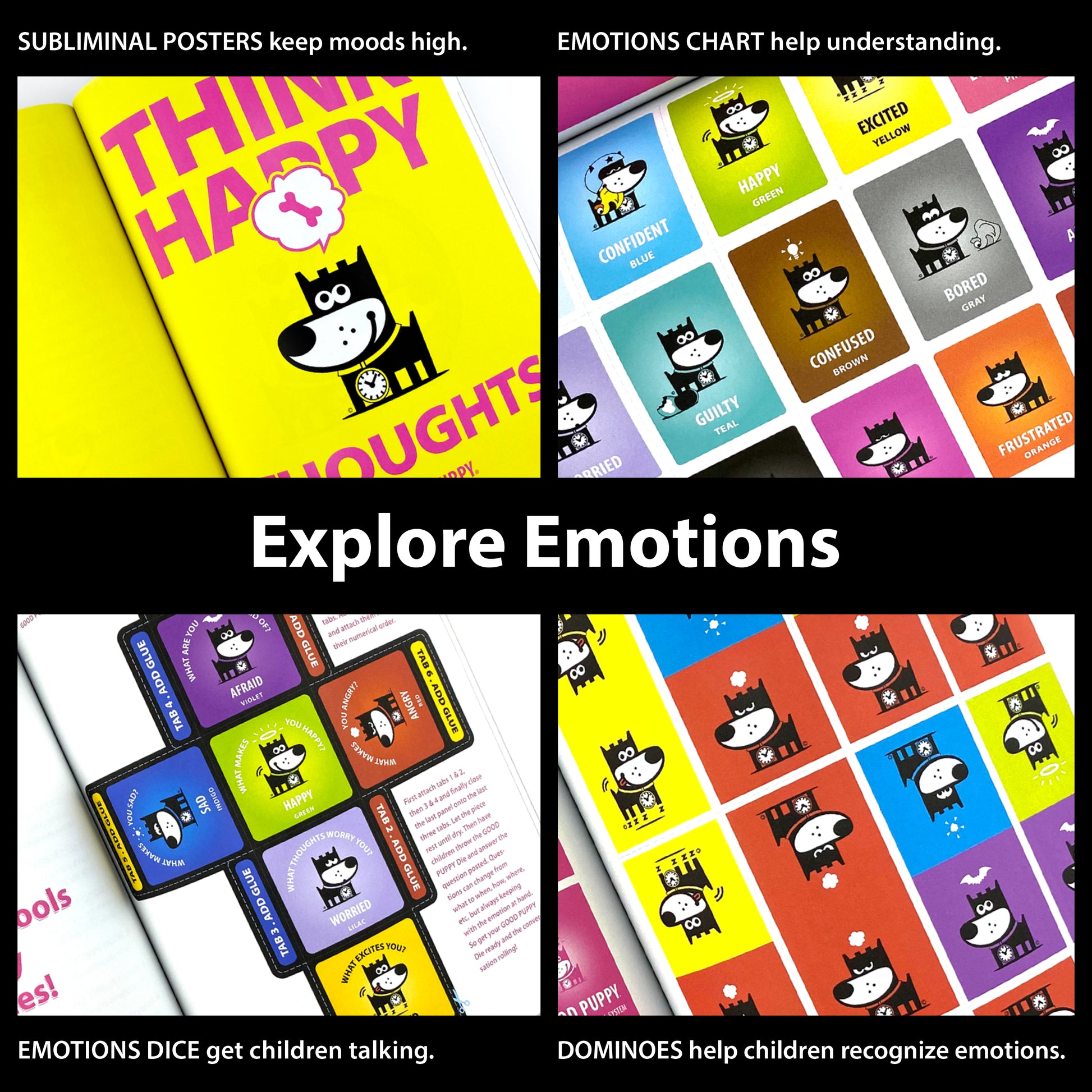 The image promotes the "Good Puppy Children Behavioral & Emotional System" with the slogan "Explore Emotions." It includes four sections: Subliminal Posters to maintain positive moods, an Emotions Chart for understanding feelings, Emotions Dice to encourage conversation, and Dominoes to help children recognize emotions. Each section features colorful illustrations of the Good Puppy character. The top text reads, "SUBLIMINAL POSTERS keep moods high. EMOTIONS CHART help understanding."