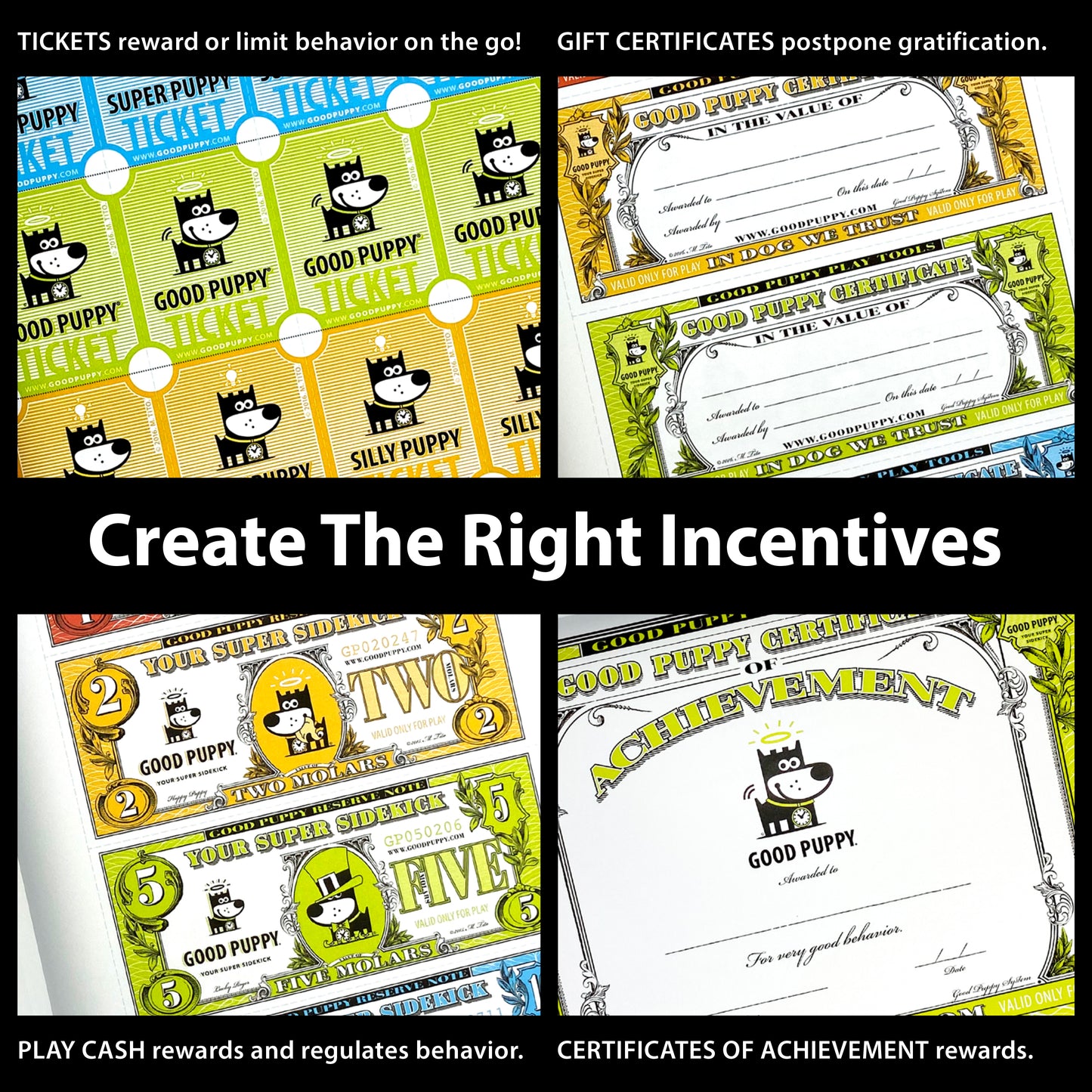 The image promotes the "Good Puppy Children Behavioral & Emotional System" with the slogan "Create The Right Incentives." It features four sections: Tickets for immediate behavior management, Gift Certificates for delayed gratification, Play Cash for behavior regulation, and Certificates of Achievement for rewarding good behavior. Each section showcases colorful illustrations of tickets, certificates, and play money with the Good Puppy character.