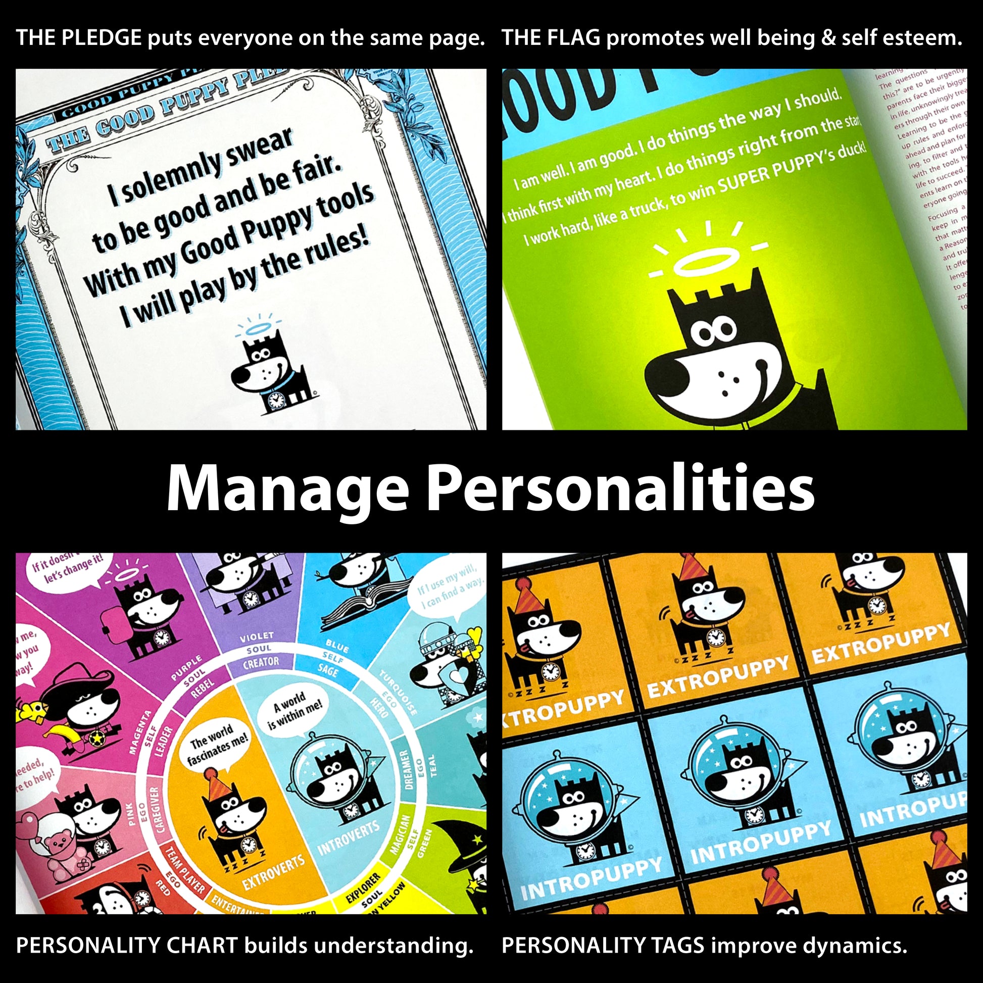 The image promotes the "Good Puppy Children Behavioral & Emotional System" with the slogan "Manage Personalities." It includes four sections: the Pledge, which encourages fairness; the Flag, promoting well-being; a Personality Chart for understanding; and Personality Tags to improve dynamics. Each section features colorful illustrations of the Good Puppy character and supporting text. The top text reads, "THE PLEDGE puts everyone on the same page. THE FLAG promotes well being & self esteem."