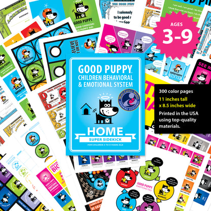 The image showcases "Good Puppy Children Behavioral & Emotional System" for ages 3-9. It highlights a central blue poster with a cartoon dog and the Mom's Choice Awards seal, surrounded by various colorful pages from the system. The system includes 300 color pages, each 11 inches tall by 8.5 inches wide, printed in the USA. The surrounding pages feature various activities and educational content for children.