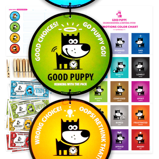 The image displays various elements from the "Good Puppy Children Behavioral & Emotional System." It features a large circular badge with the Good Puppy character and the text "Good Choices! Go Puppy Go!" and "Wrong Choice! Oops! Rethink That!" Behind the badge are several system components, including an emotions color chart, play money, consequence stickers, and behavior tracking charts. The items are colorful and designed to help children understand and manage their emotions and behavior.