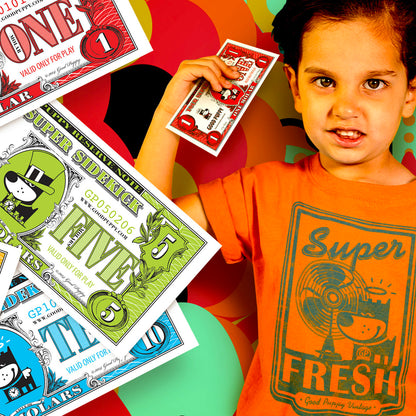 The image shows a young child holding play money from the "Good Puppy" system, wearing an orange "Super Fresh" Good Puppy shirt. The play money includes denominations of 1, 5, and 10, each featuring the Good Puppy character. The colorful background and vibrant design emphasize the playful and educational nature of the Good Puppy Children Behavioral & Emotional System, aimed at helping children learn about behavior and rewards.