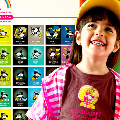 The image shows a smiling young girl wearing a yellow cap and a brown "Good Puppy Games" t-shirt. Behind her is a portion of the "Good Puppy Emotional Rainbow" ethics chart, which uses cartoon puppies to illustrate various emotional and behavioral traits such as imagination, hoarding, balance, vanity, humility, gratitude, guilt, and truth. The chart is designed to help children understand and manage emotions.