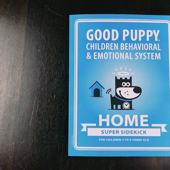 The video showcases the "Good Puppy Home Super Sidekick" book. Each page is flipped, revealing colorful illustrations and various tools for managing child behavior and emotions. The content includes avatars, time blocks, personality charts, and reward systems, all featuring the Good Puppy character. The video highlights the book's engaging activities and educational materials designed for children aged 3 to 9 years old, providing a comprehensive overview of the system's features and benefits.