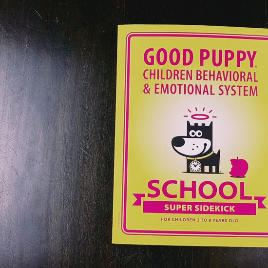 The video showcases the "Good Puppy School Super Sidekick" book. Each page is flipped, revealing colorful illustrations and various tools for managing child behavior and emotions. The content includes avatars, time blocks, personality charts, and reward systems, all featuring the Good Puppy character. The video highlights the book's engaging activities and educational materials designed for children aged 3 to 9 years old, providing a comprehensive overview of the system's features and benefits.