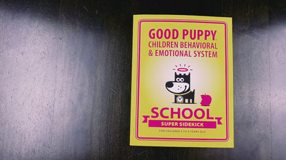 The video showcases the "Good Puppy School Super Sidekick" book. Each page is flipped, revealing colorful illustrations and various tools for managing child behavior and emotions. The content includes avatars, time blocks, personality charts, and reward systems, all featuring the Good Puppy character. The video highlights the book's engaging activities and educational materials designed for children aged 3 to 9 years old, providing a comprehensive overview of the system's features and benefits.