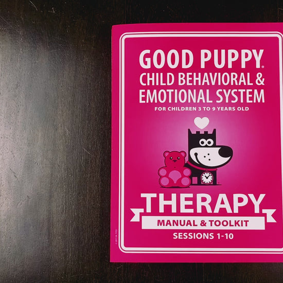 The video showcases the "Good Puppy THERAPY Manual and Toolkit Session 1-10“ book. Each page is flipped, revealing colorful illustrations and various tools for managing child behavior and emotions. The content includes avatars, time blocks, personality charts, and reward systems, all featuring the Good Puppy character. The video highlights the book's engaging activities and educational materials designed for children aged 3 to 9 years old.