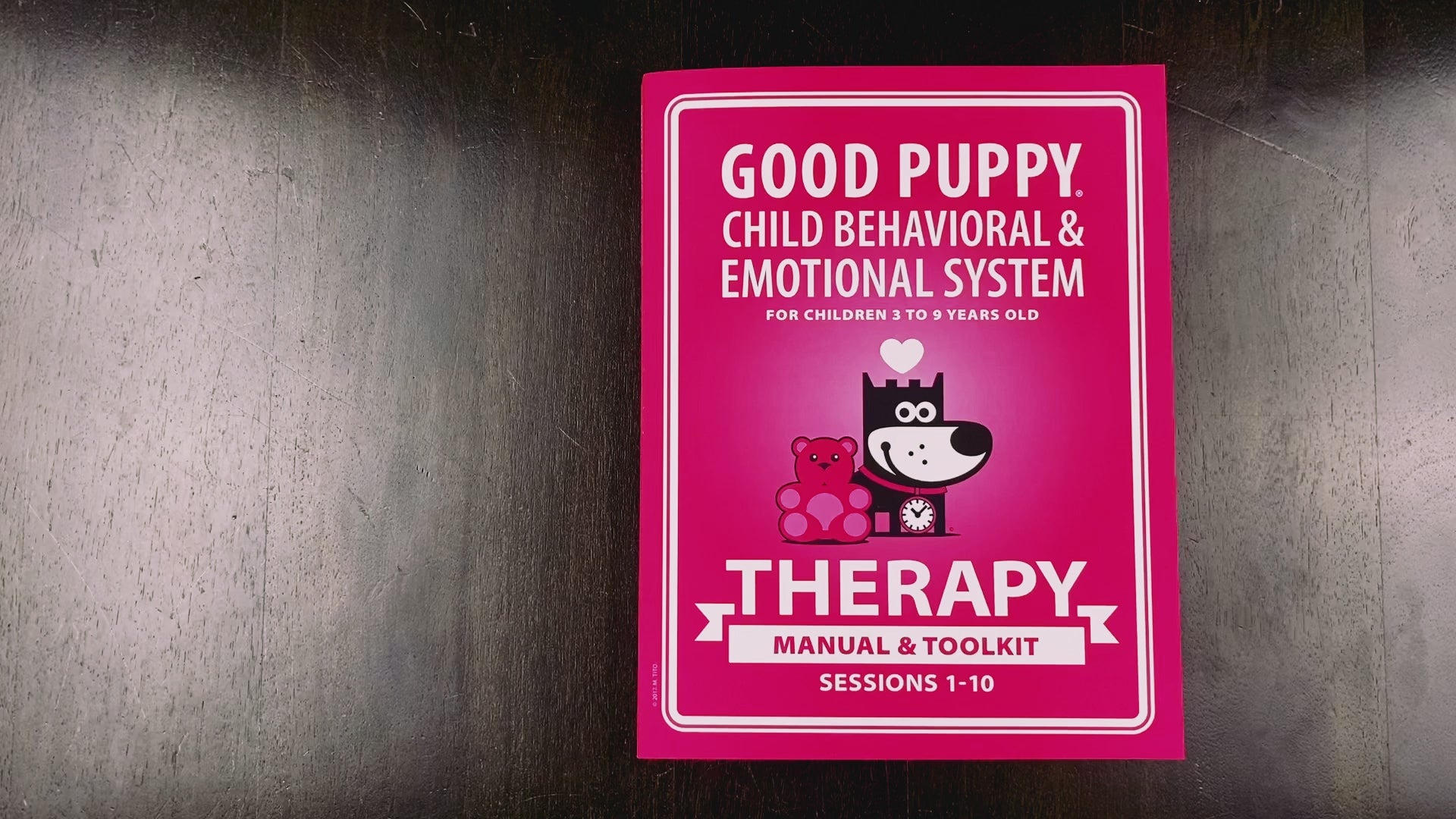 The video showcases the "Good Puppy THERAPY Manual and Toolkit Session 1-10“ book. Each page is flipped, revealing colorful illustrations and various tools for managing child behavior and emotions. The content includes avatars, time blocks, personality charts, and reward systems, all featuring the Good Puppy character. The video highlights the book's engaging activities and educational materials designed for children aged 3 to 9 years old.