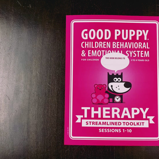 The video showcases the "Good Puppy THERAPY Streamlined Toolkit Session 1-10“ book. Each page is flipped, revealing colorful illustrations and various tools for managing child behavior and emotions. The content includes avatars, time blocks, personality charts, and reward systems, all featuring the Good Puppy character. The video highlights the book's engaging activities and educational materials designed for children aged 3 to 9 years old.