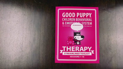 The video showcases the "Good Puppy THERAPY Streamlined Toolkit Session 1-10“ book. Each page is flipped, revealing colorful illustrations and various tools for managing child behavior and emotions. The content includes avatars, time blocks, personality charts, and reward systems, all featuring the Good Puppy character. The video highlights the book's engaging activities and educational materials designed for children aged 3 to 9 years old.