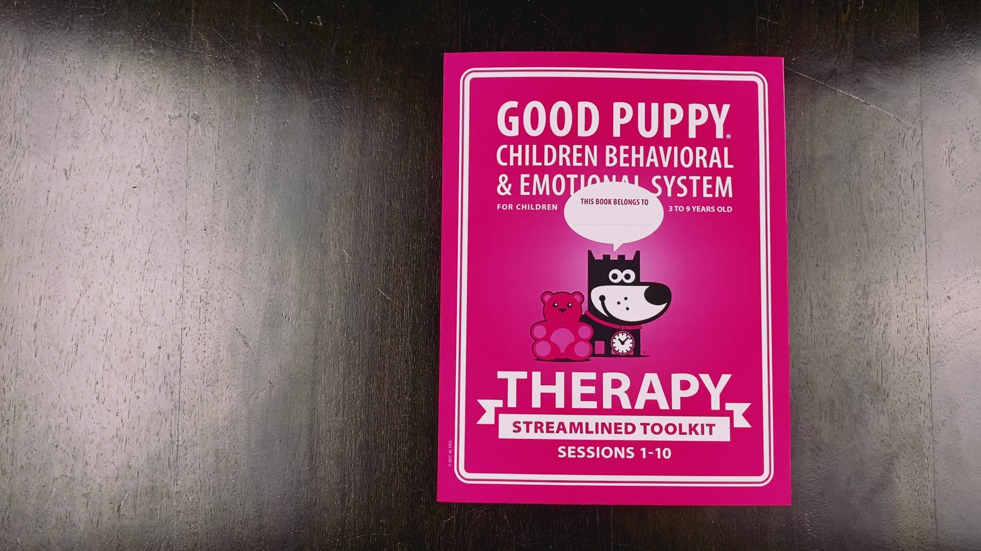 The video showcases the "Good Puppy THERAPY Streamlined Toolkit Session 1-10“ book. Each page is flipped, revealing colorful illustrations and various tools for managing child behavior and emotions. The content includes avatars, time blocks, personality charts, and reward systems, all featuring the Good Puppy character. The video highlights the book's engaging activities and educational materials designed for children aged 3 to 9 years old.