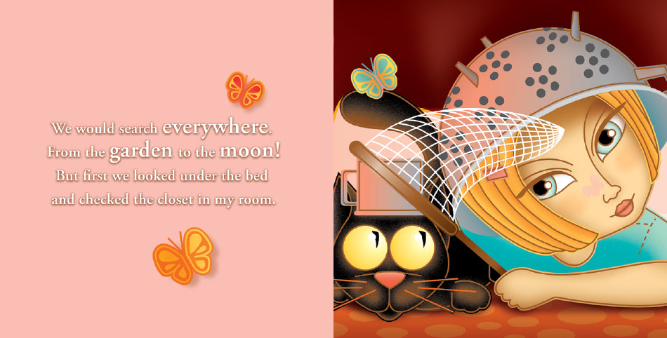 The image is a two-page spread from a book. The left page has a pink background with text about searching everywhere, from the garden to the moon. The right page shows the girl and her black cat, Mao, peeking under a net. The girl wears a colander on her head, and the background is red with green and orange butterflies.