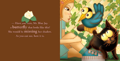The image is a two-page spread from a book. The left page has a brown background with text asking Mr. Blue Jay about a missing butterfly's shadow. The right page shows the girl, her black cat Mao, and a blue jay perched on Mao's back. They are in a garden with green vines and white flowers. The girl and the cat both look inquisitive.