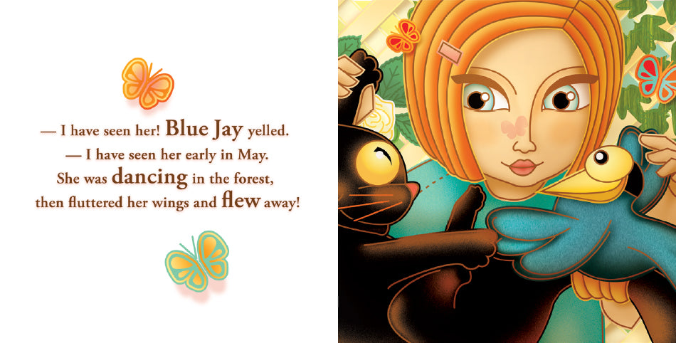 The image is a two-page spread from a book. The left page has a white background with text about the Blue Jay seeing the butterfly in May. The right page shows the girl holding her black cat Mao and a blue jay. They are in a garden with green vines and butterflies, with the girl looking at the bird intently.