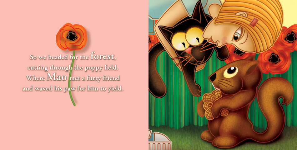 The image is a two-page spread from a book. The left page has a pink background with text about heading to the forest through a poppy field, where Mao met a furry friend. The right page shows the girl and her black cat Mao leaning over to greet a squirrel holding peanuts. They are surrounded by red poppies and green grass.