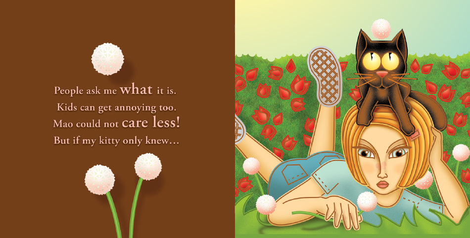 The image is a two-page spread from a book. The left page has a brown background with text about the protagonist's pink spot and mentions Mao the cat. The right page shows the girl lying on grass with red flowers, her cat Mao sitting on her head. Both are surrounded by white puffball flowers.