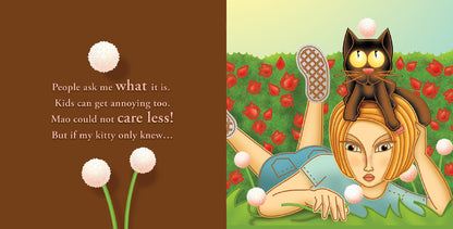 The image is a two-page spread from a book. The left page has a brown background with text about the protagonist's pink spot and mentions Mao the cat. The right page shows the girl lying on grass with red flowers, her cat Mao sitting on her head. Both are surrounded by white puffball flowers.
