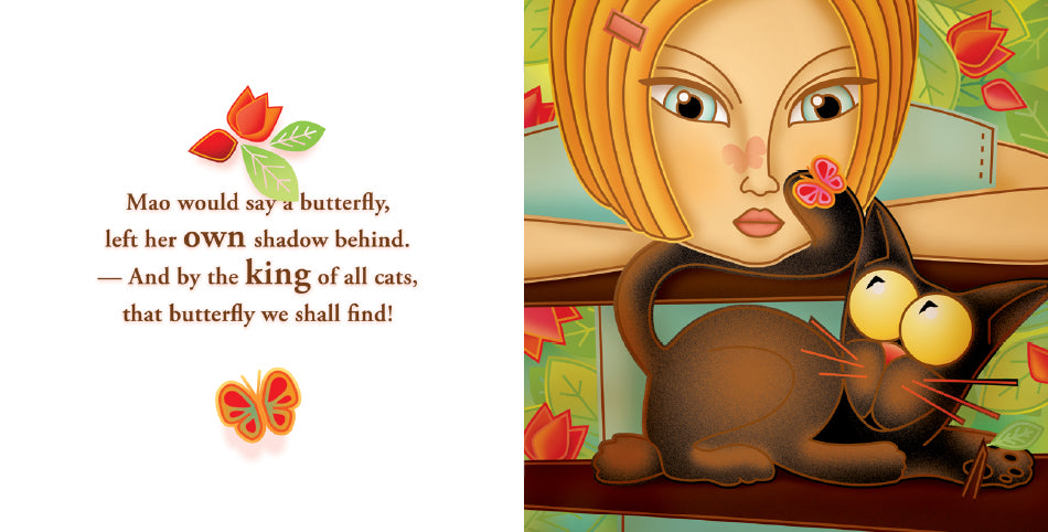 The image is a two-page spread from a book. The left page has a white background with red and brown text about Mao the cat and a butterfly. The right page shows the girl and her black cat, Mao, looking at a butterfly on the girl's nose. The background is decorated with green leaves and red flowers.