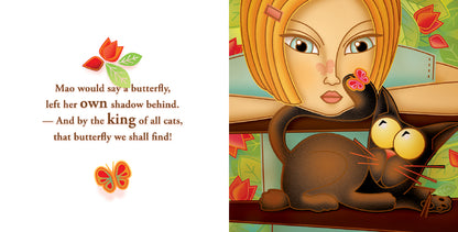 The image is a two-page spread from a book. The left page has a white background with red and brown text about Mao the cat and a butterfly. The right page shows the girl and her black cat, Mao, looking at a butterfly on the girl's nose. The background is decorated with green leaves and red flowers.