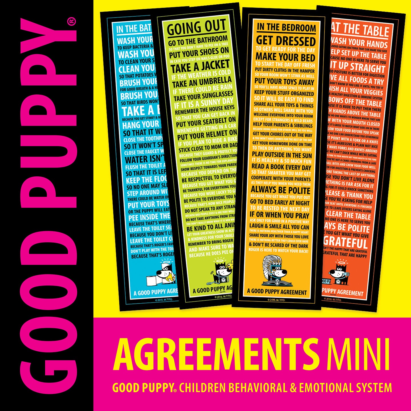 This image showcases four colorful vertical banners titled "Good Puppy Agreements Mini." Each banner lists guidelines for different settings: the bathroom, going out, in the bedroom, and at the table. The instructions include practical tips like washing hands, putting toys away, and being polite. The banners are color-coded with text and cartoon puppy illustrations, promoting good behavior and manners for children.